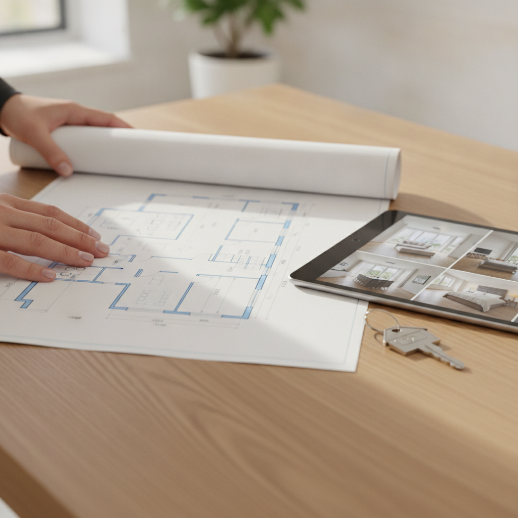 Close-up of realtor reviewing floor plan and listing gallery, illustrating Toronto Ontario real estate due diligence