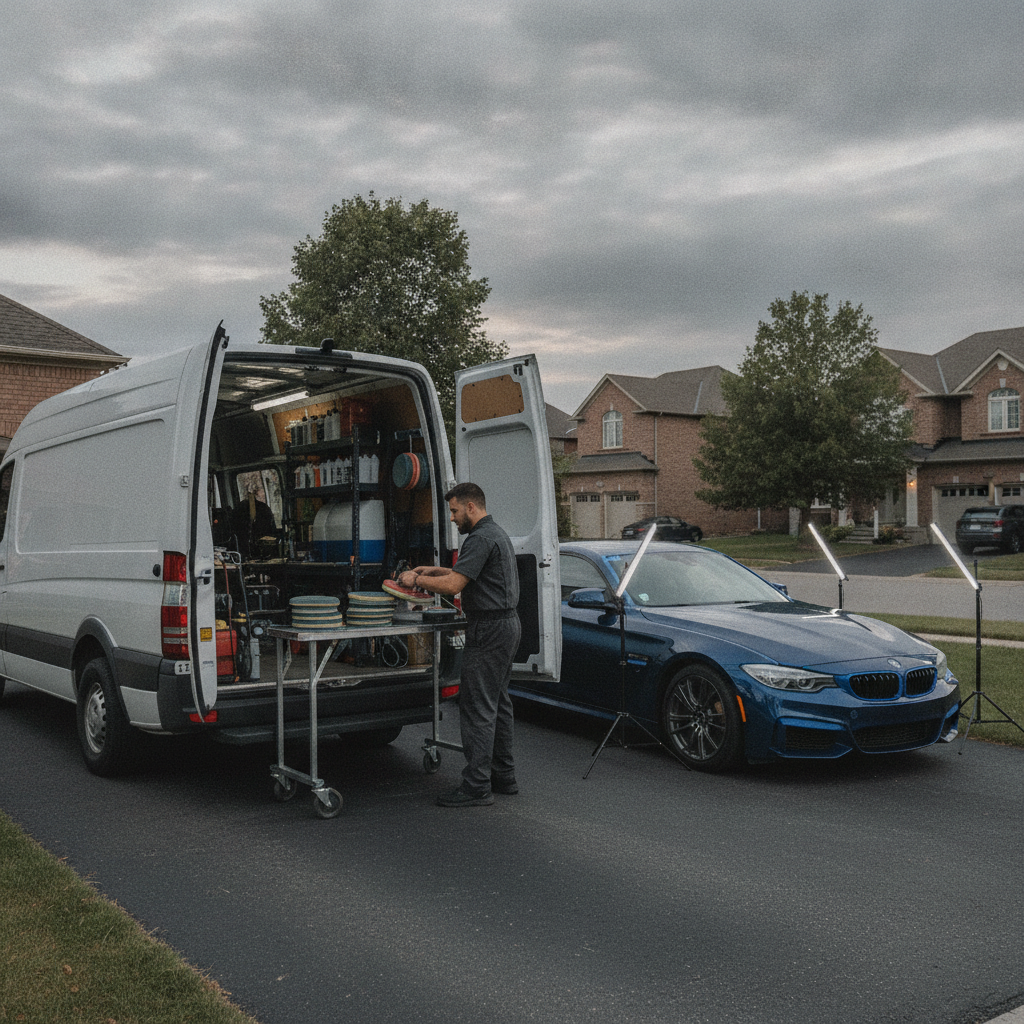 Mobile detailing van in a Mississauga driveway set up for paint correction: taped edges, pads, and inspection lighting ready for a two-step correction