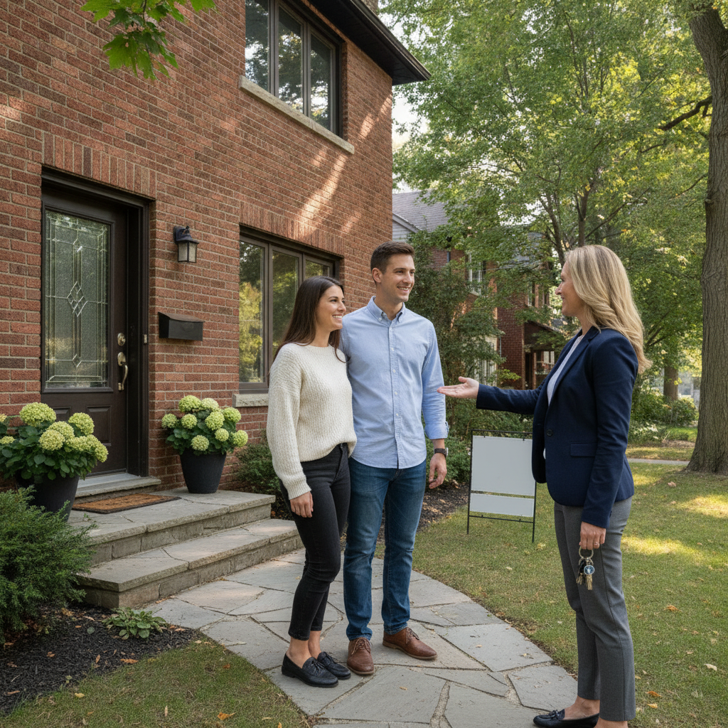 Real estate agent welcoming buyers into a brick home in a leafy Toronto neighborhood, showing the buying process in action