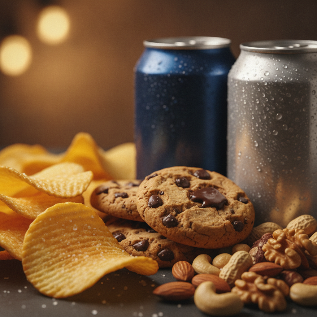 Close-up of late night snacks delivery favorites: chips, cookies, nuts, and cold sodas ready for Downtown Calgary drop-off