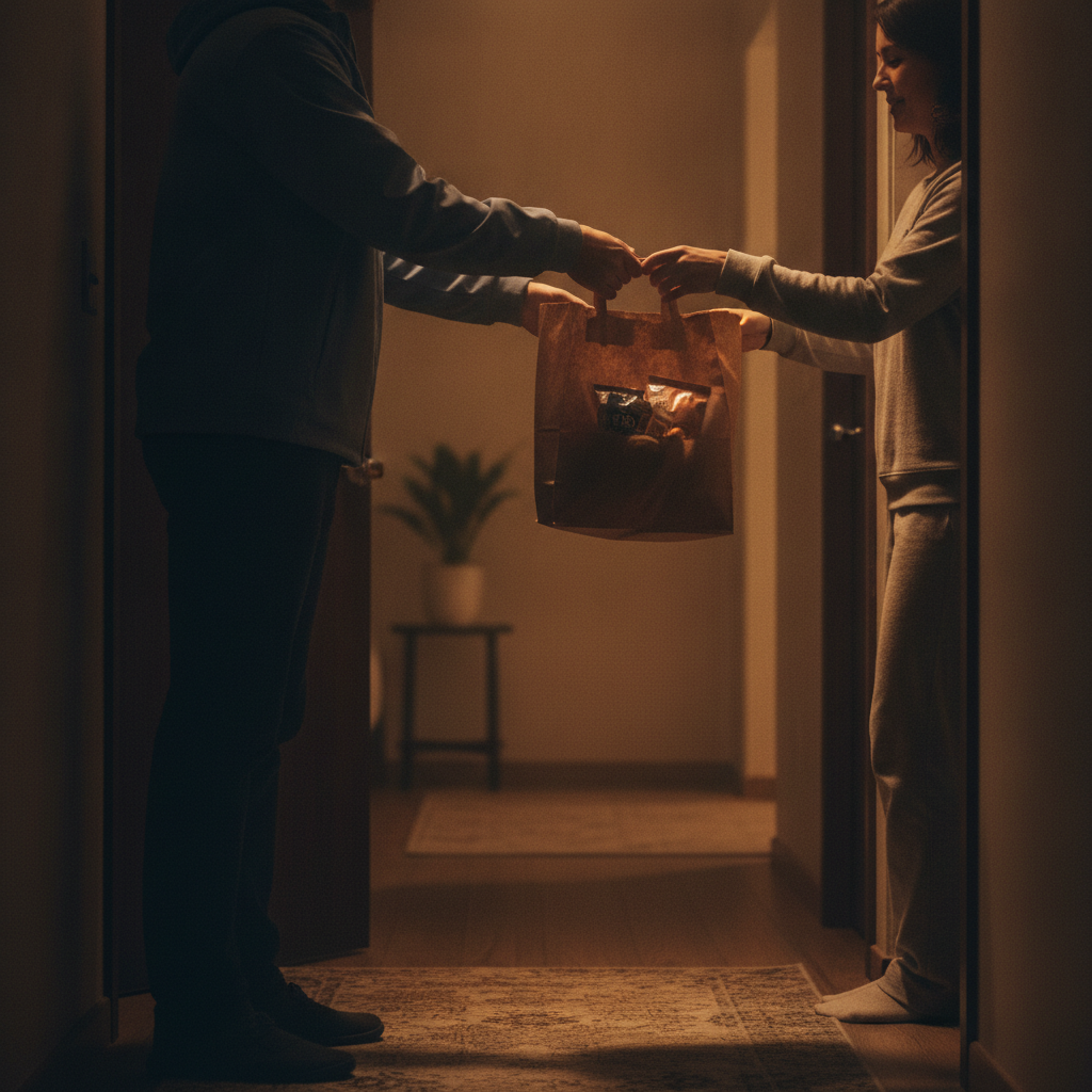 Courier completing a late night snacks delivery handoff at a Downtown Calgary apartment doorway