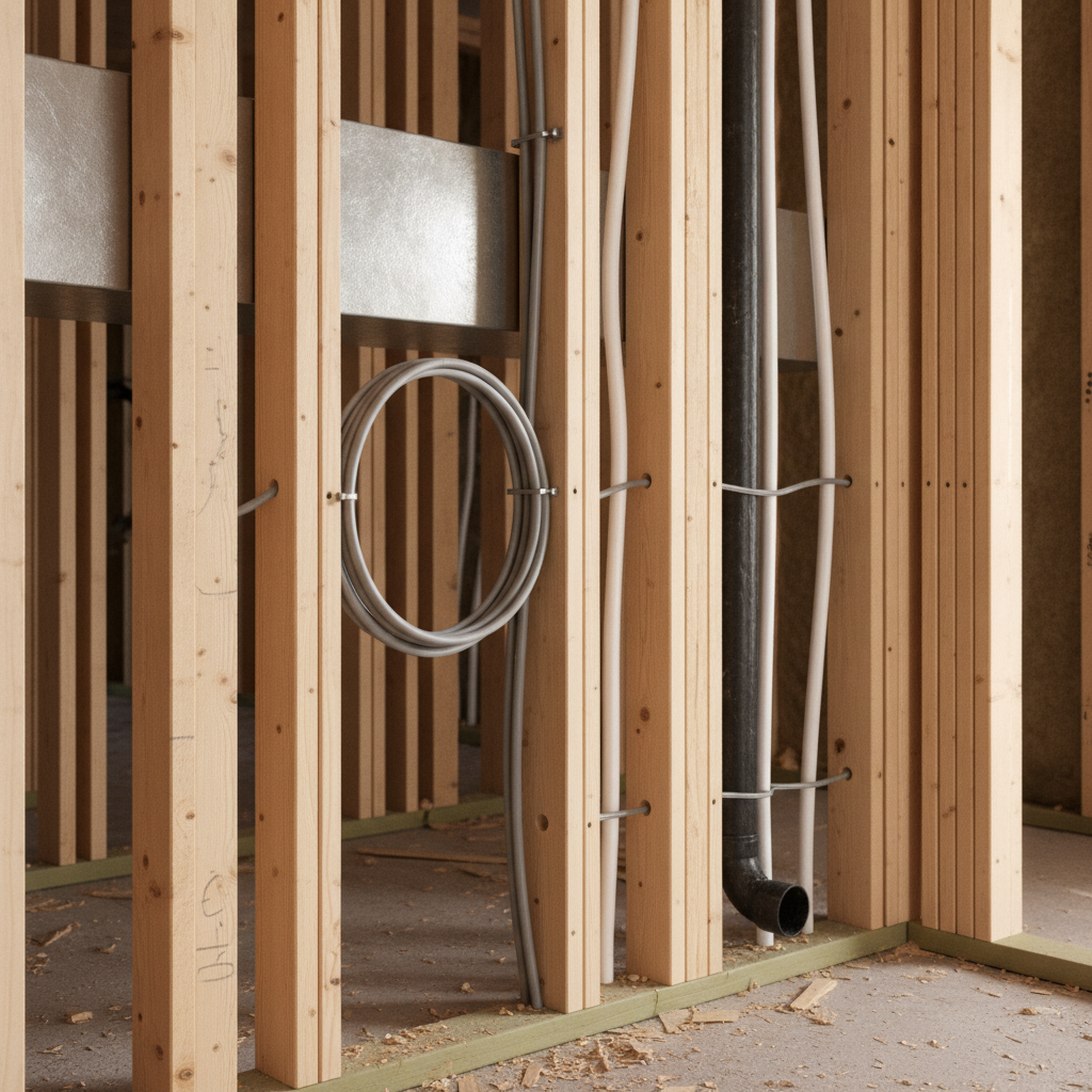 Residential framing detail with mechanical rough-ins showing cost drivers for new home construction in ON and the GTA