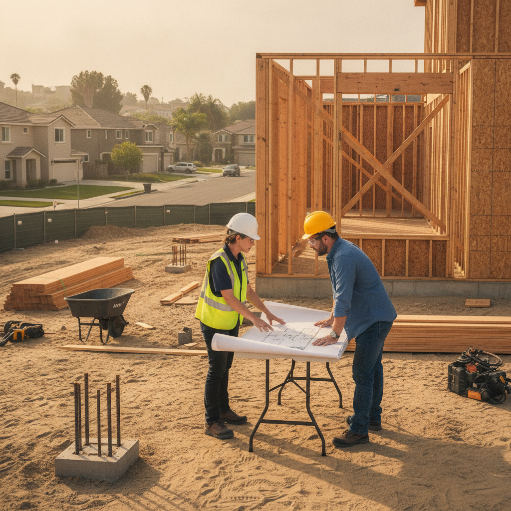 Construction manager and homeowner reviewing floor plans on a GTA new home jobsite, discussing new home construction cost drivers