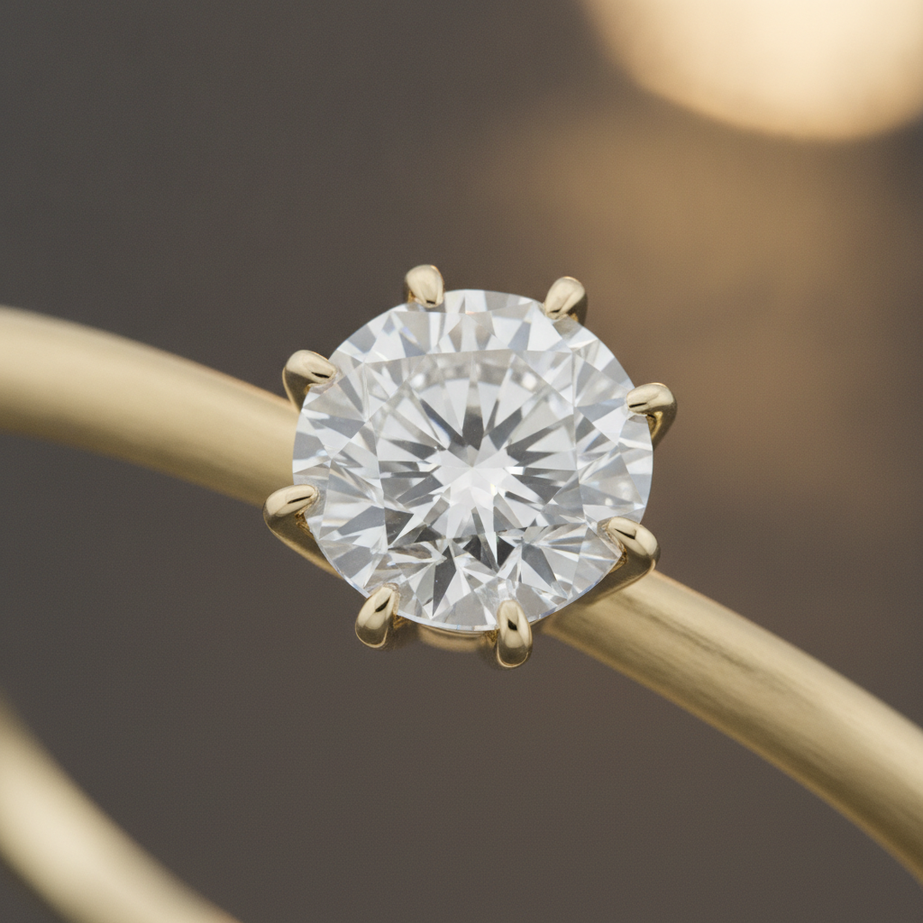 Macro close-up of a lab-grown diamond solitaire in 14k yellow gold showing facet precision and prong craftsmanship