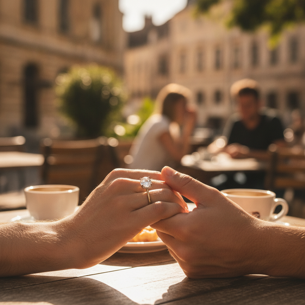 Lifestyle side view of an oval lab-grown diamond engagement ring with a hidden halo worn at a cafe