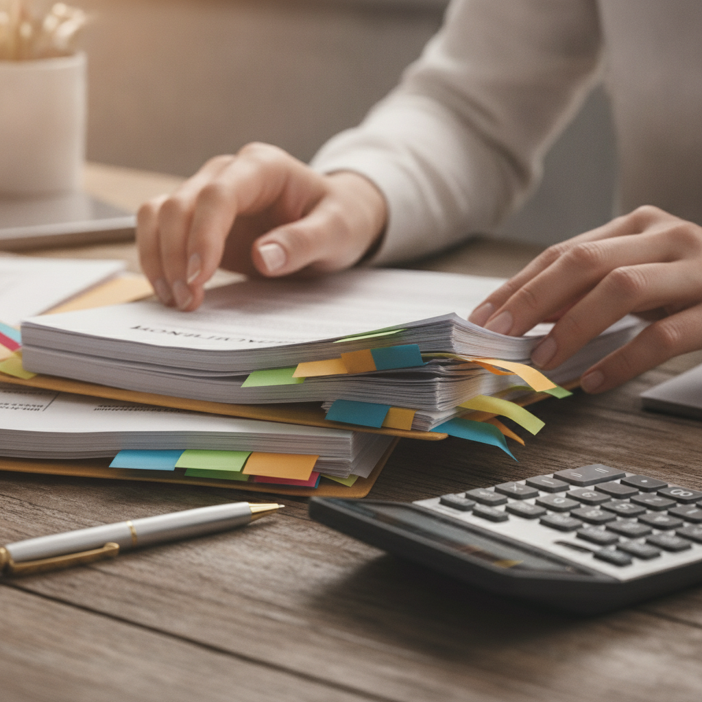 Close-up hands organizing startup grant application documents with color-coded tabs for a new business