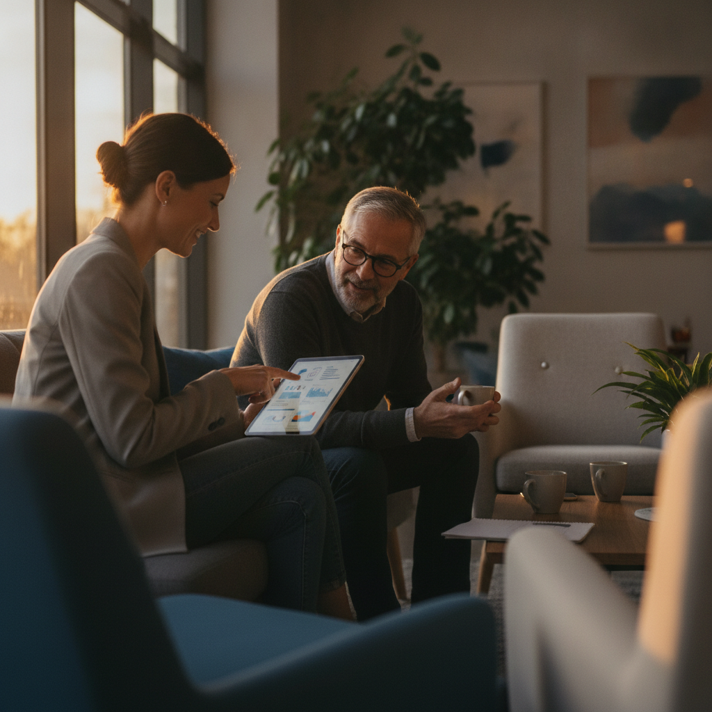 Entrepreneur and advisor reviewing a startup grant plan on a tablet in a modern Scarborough workspace