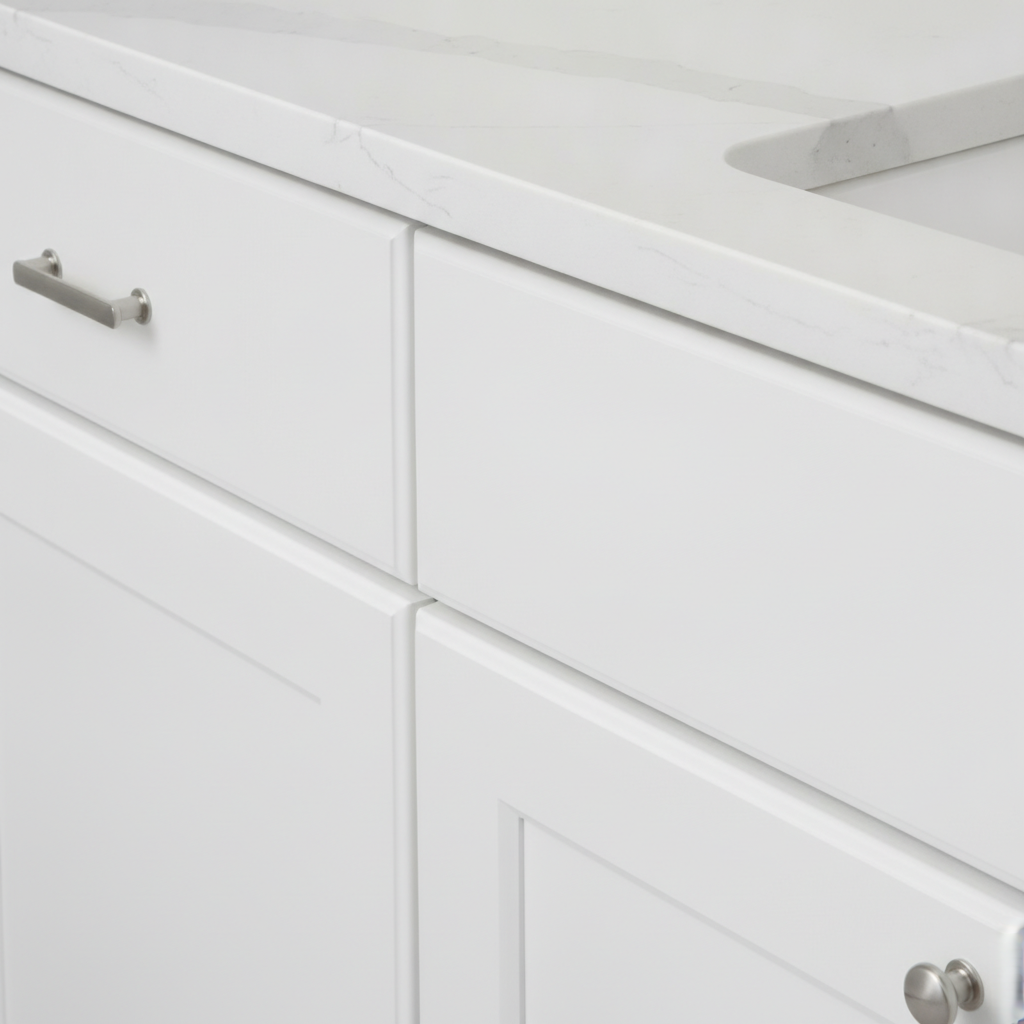 Close-up of apartment kitchen cabinet door and quartz-look countertop showing upgrade priority details