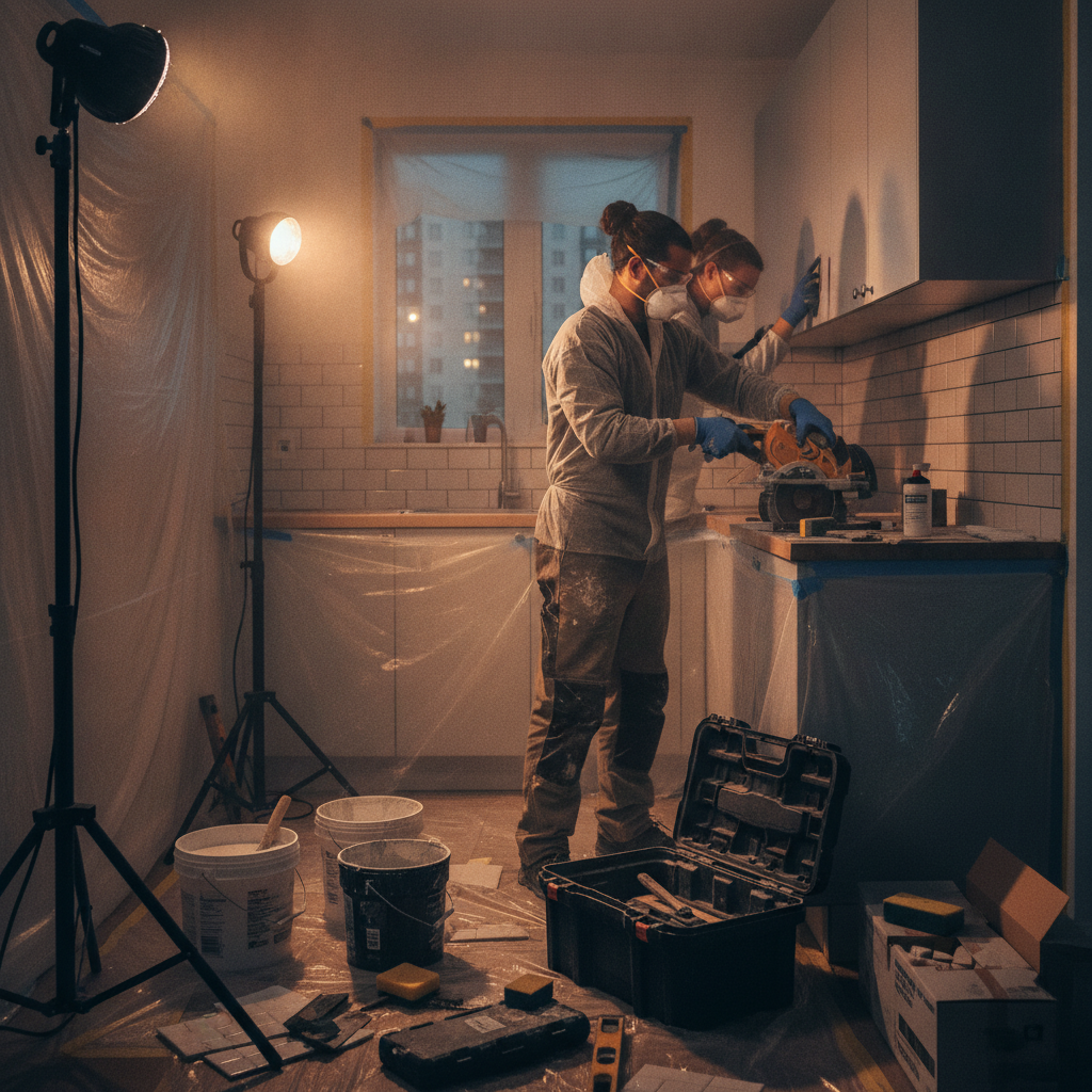 Installers setting a subway tile backsplash in a compact apartment kitchen as part of a standardized upgrade