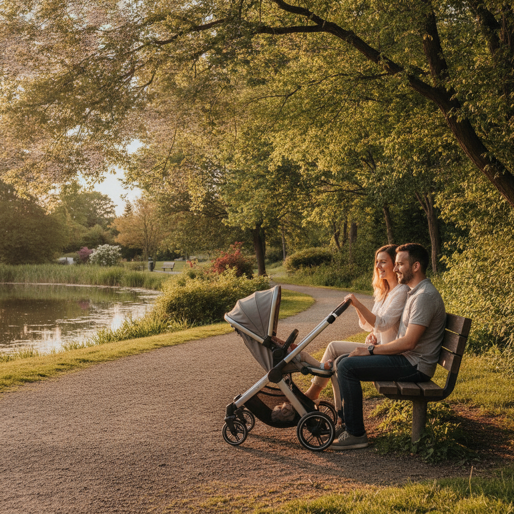 Whitby family at a park discussing a life insurance quote timeline during golden hour, reflecting on coverage needs