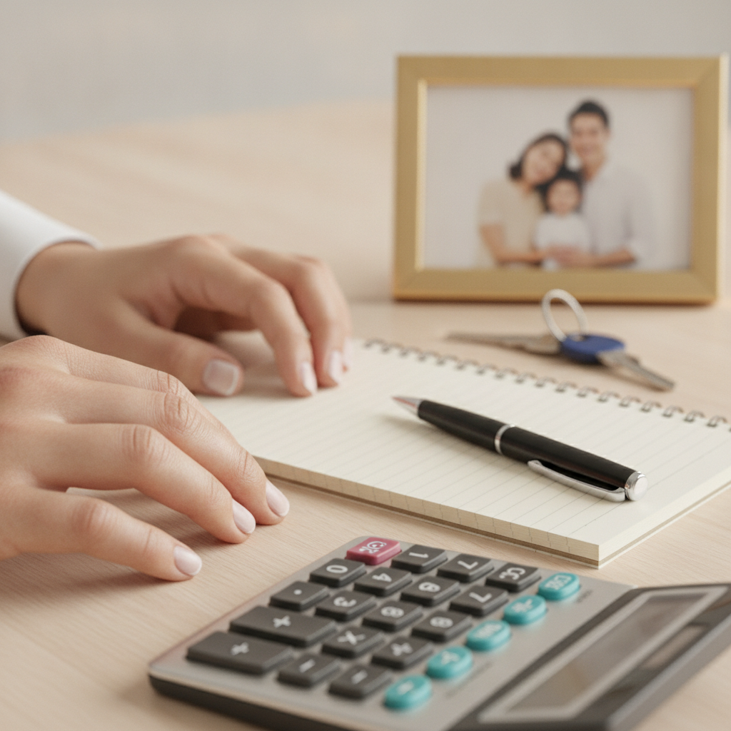 Close-up planning scene for a life insurance quote: calculator, pen, notepad, and house keys supporting a Whitby family needs analysis