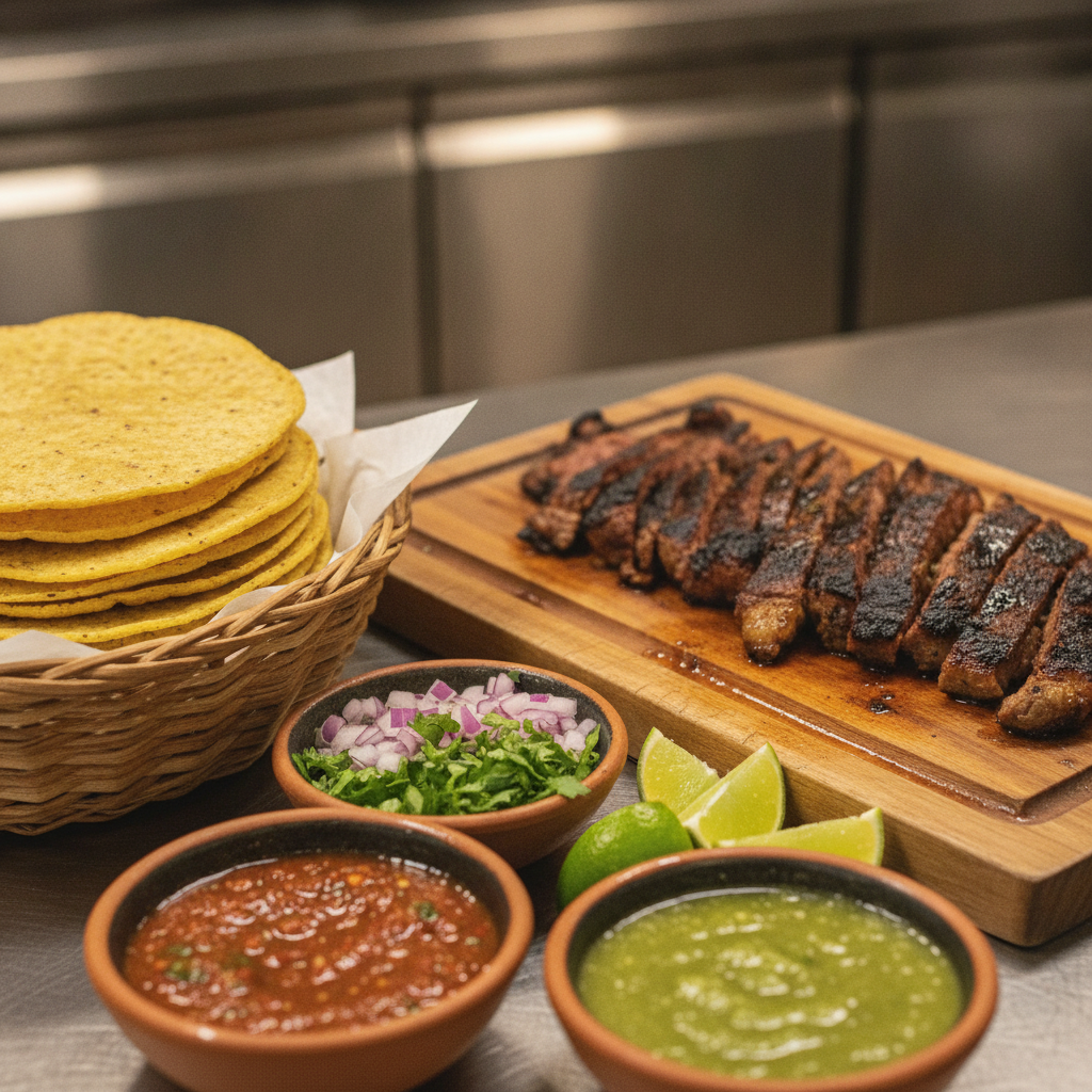 Close-up of a DIY taco bar with tortillas, grilled meats, cilantro, onions, and salsas for Mexican food catering in Old Toronto