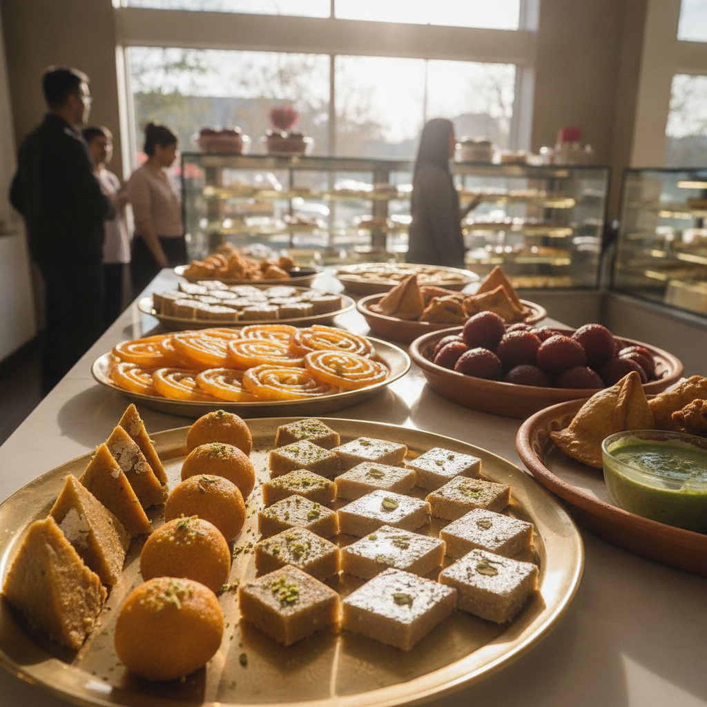 Featured overview of all Indian sweets and snacks in an elegant Brampton mithai shop display, showcasing barfi, ladoo, gulab jamun, jalebi, kaju katli, samosas, and pakoras
