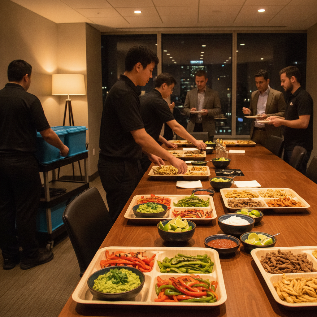 Mexican catering setup in an Old Toronto office meeting room with trays of fajita vegetables, guacamole, and proteins being arranged