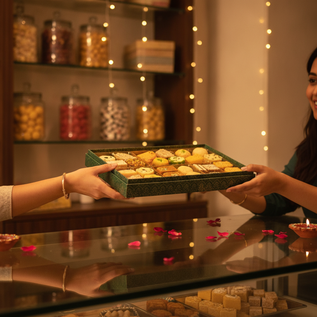Premium mithai gift box handoff in a modern Brampton sweets shop, ideal for weddings, festivals, and corporate gifting