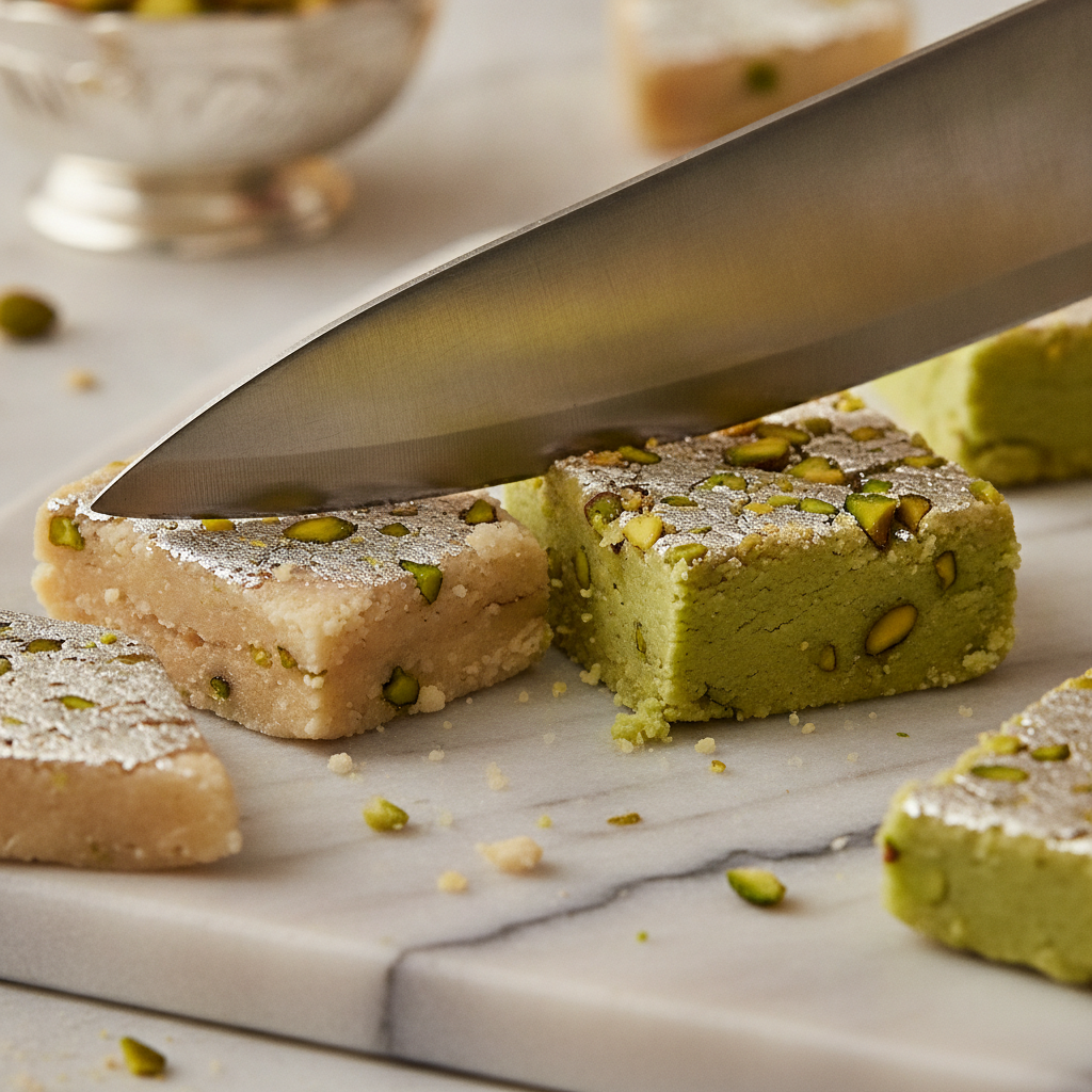 Close-up of kaju katli and pista barfi slicing technique showing glossy ghee sheen and precise edges in a Brampton mithai kitchen