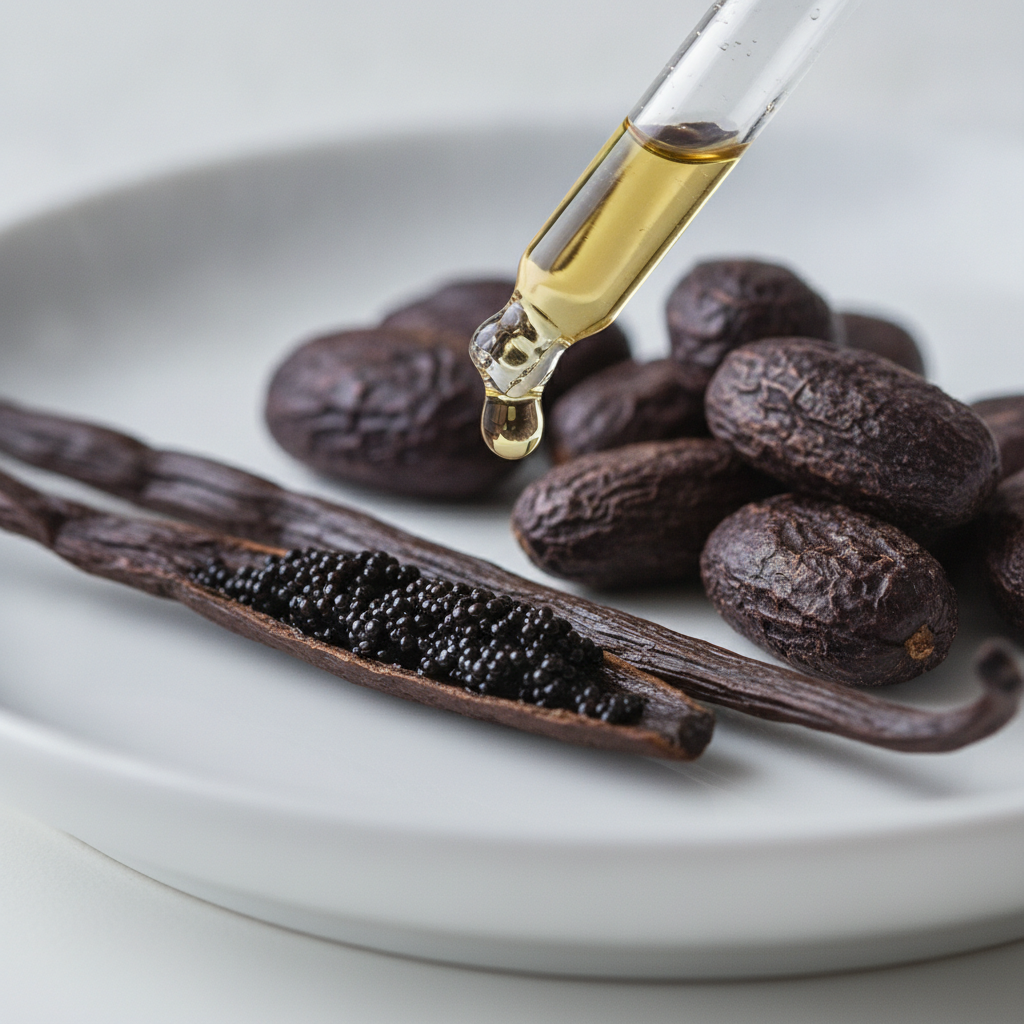 Close-up of a split vanilla pod and tonka beans with a golden perfume droplet, illustrating unisex vanilla fragrance ingredients