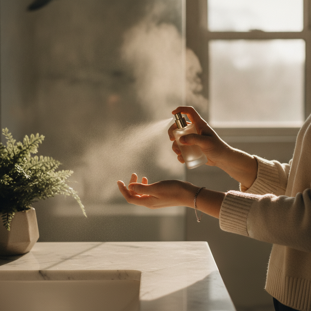 Applying a unisex vanilla perfume to the wrist at a minimalist vanity, showing best practice pulse-point application