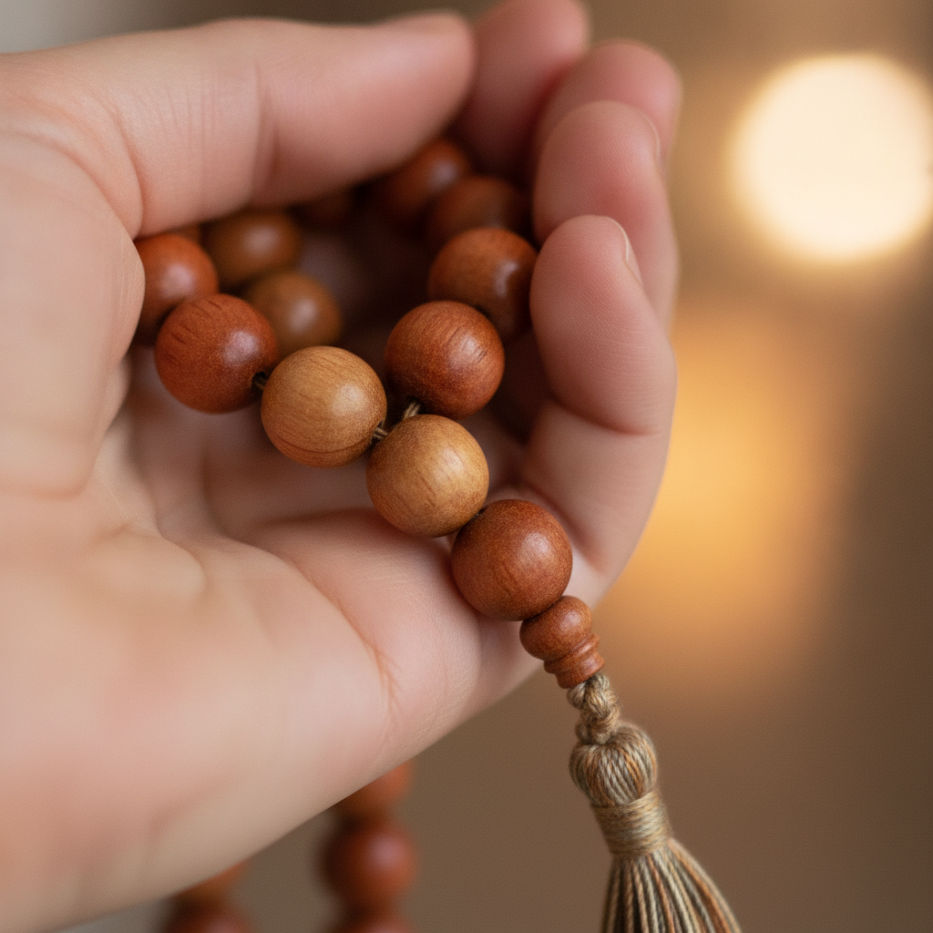 Close-up of mala beads used for japa mantra practice to build positivity with 108-count repetitions