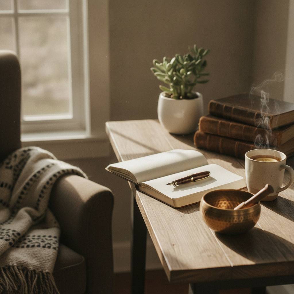 Journaling nook with tea and singing bowl to track daily mantra practice and positivity gains
