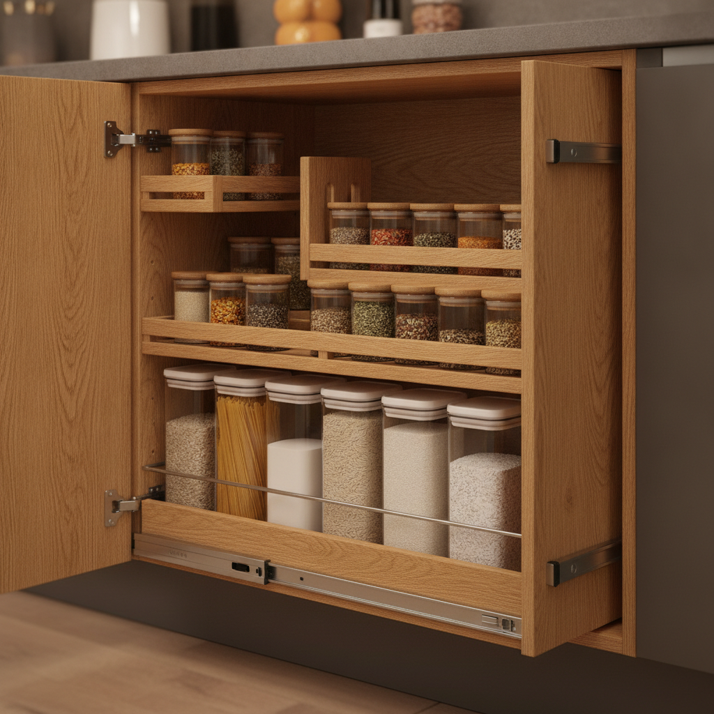 Best Dream Kitchen Designs for Small Spaces in 2026 1 Close-up of a custom pull-out pantry organizer with spices and dry goods in a small dream kitchen design