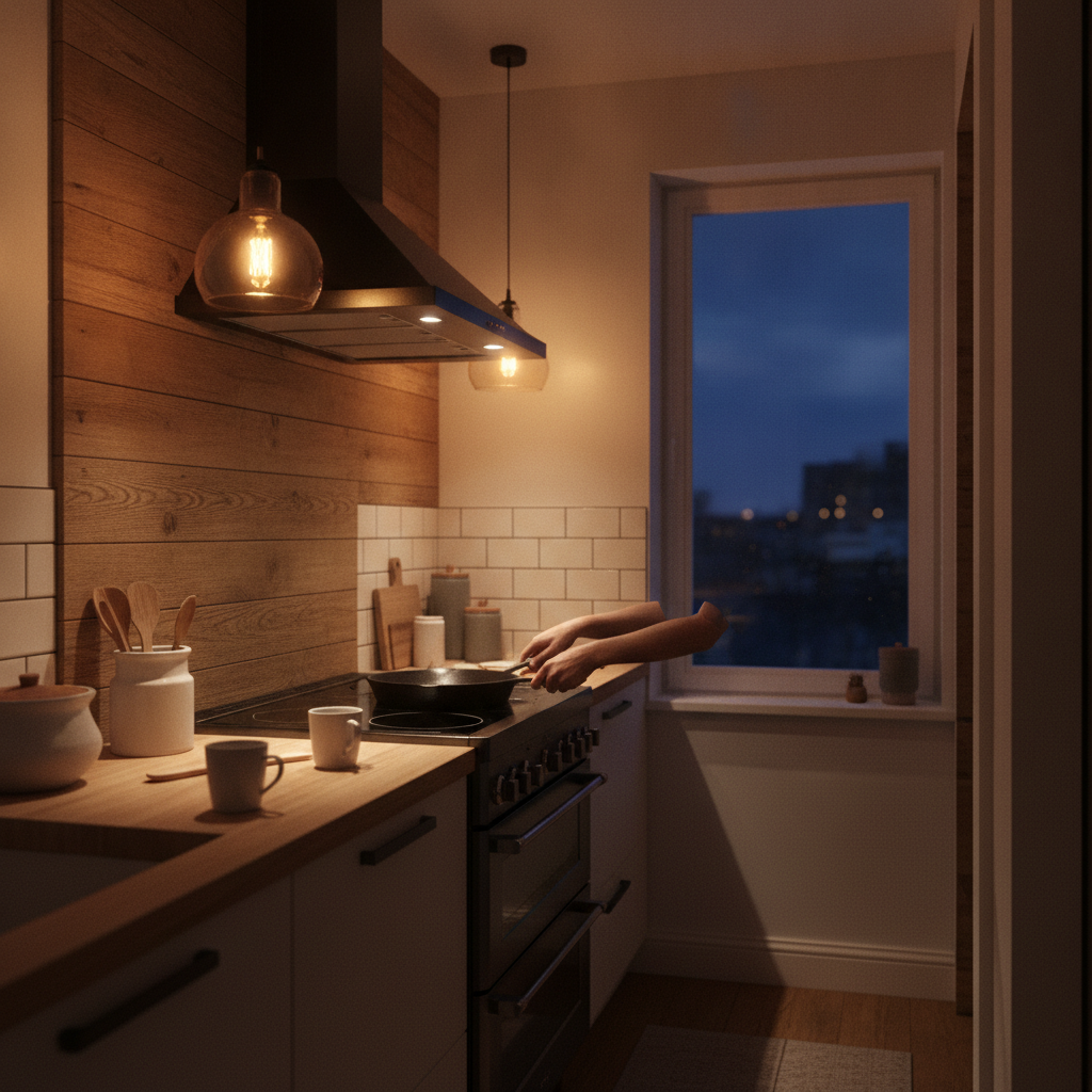Best Dream Kitchen Designs for Small Spaces in 2026 2 Side-angle view of a small galley kitchen with warm pendant lights and matte black range, illustrating a cozy dream kitchen design