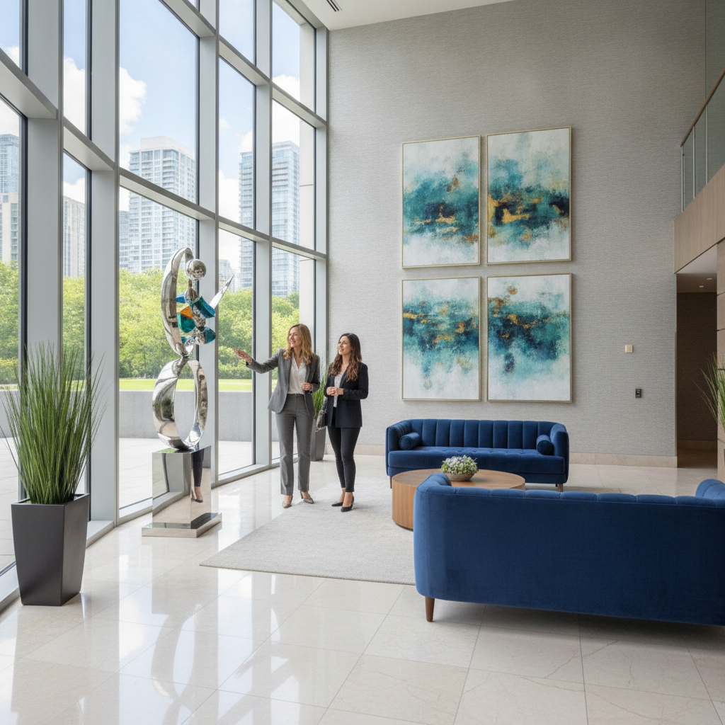 Realtor touring clients through an upscale Yorkville condo lobby, showing how a Yorkville realtor guides showings and next steps