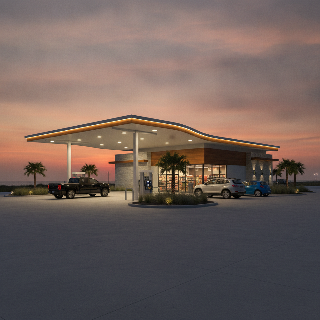 Completed gas station and modern convenience store at dusk with LED canopy lights in Texas