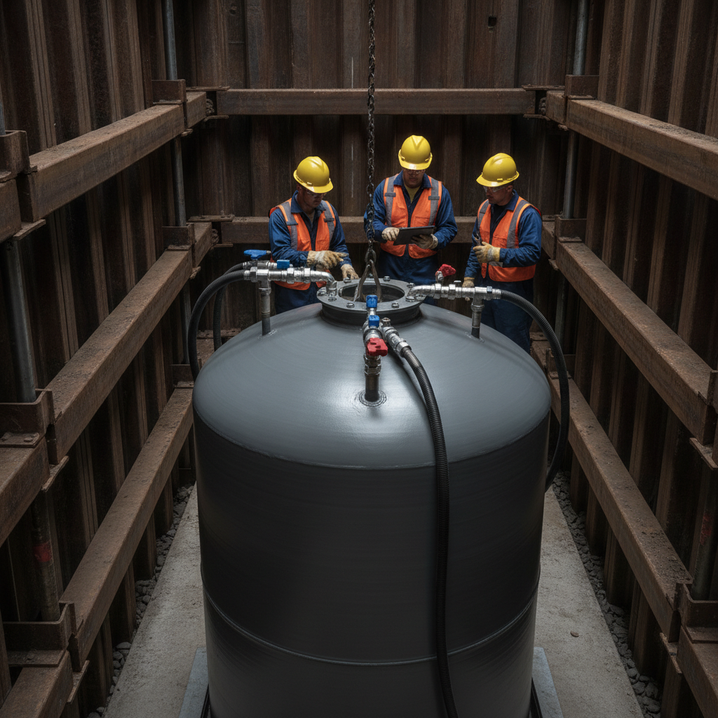 Underground storage tank installation detail with shored trench and fuel line connectors for gas station construction companies