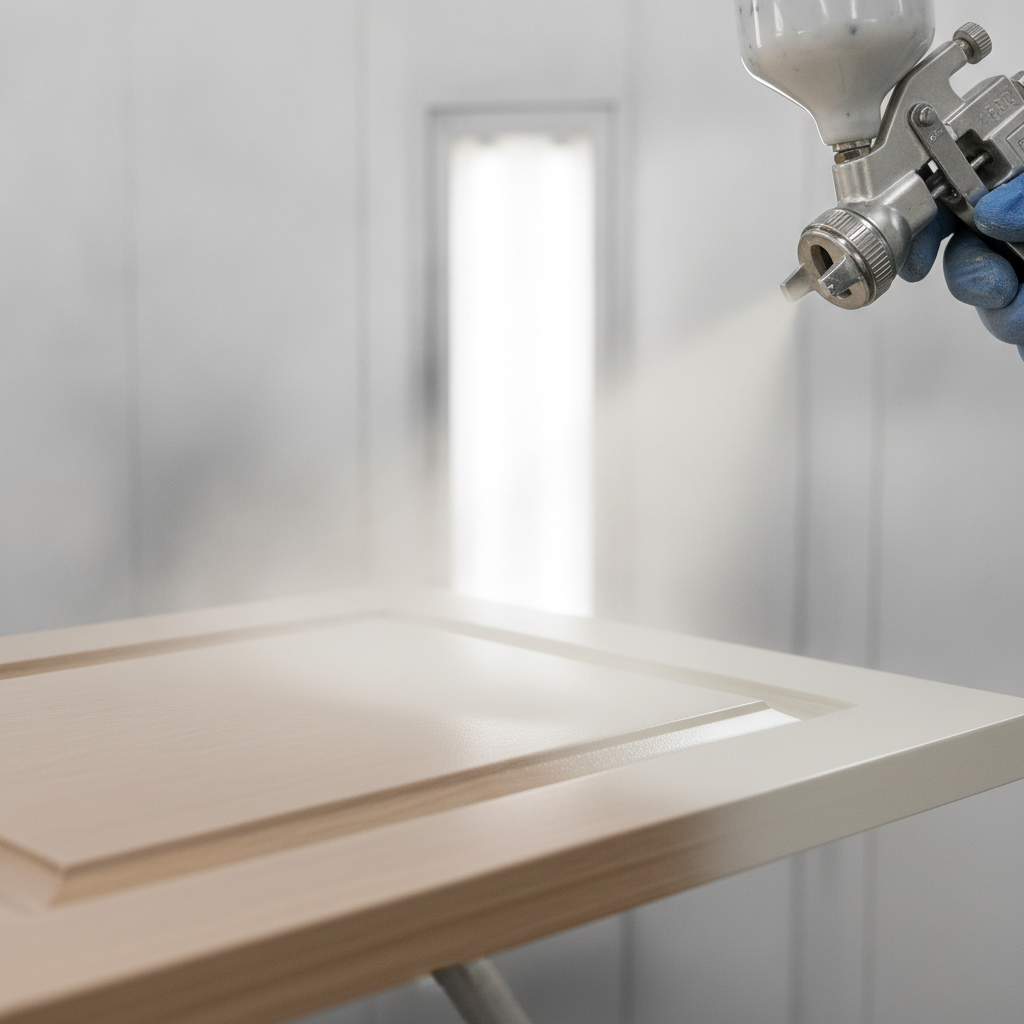 Close-up of HVLP spray painting a cabinet door with an even fan pattern for a smooth satin cabinet finish