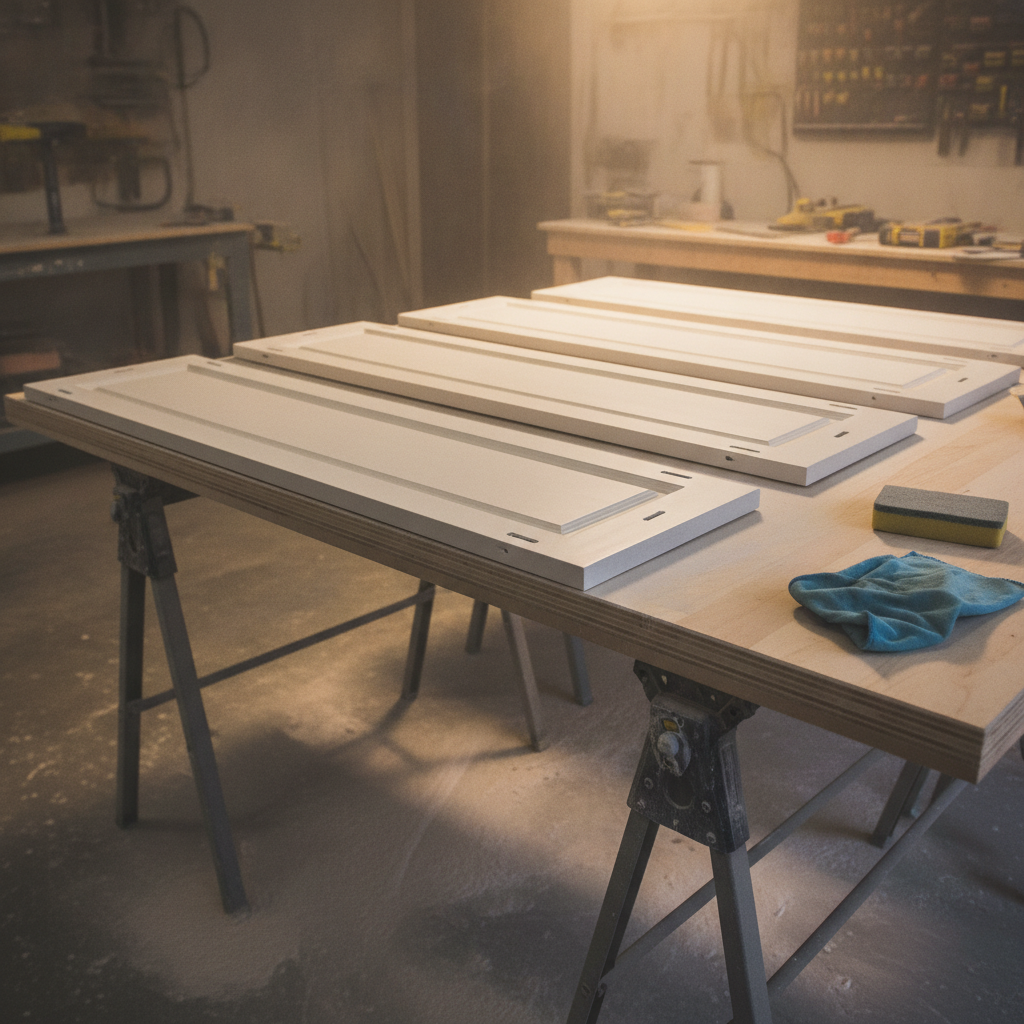 Cabinet doors laid on stands, sanded, numbered, and primed, organized for painting kitchen cupboards in York