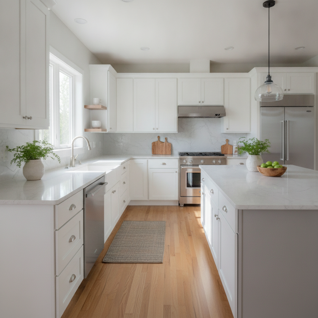 Modern York kitchen with freshly painted shaker cabinets in satin white, showcasing best paint for painting kitchen cupboards