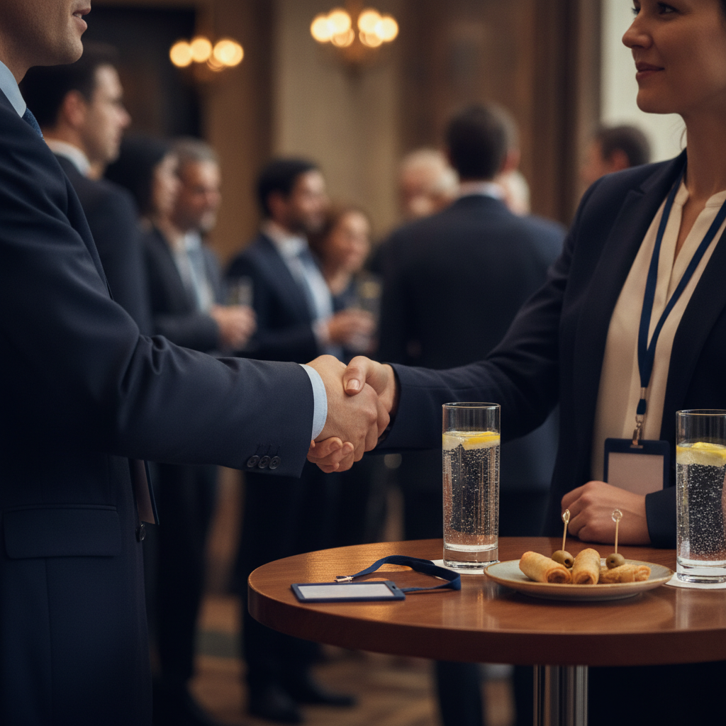 Close-up handshake at a networking event venue with appetizers and drinks on a cocktail table, illustrating a successful Mississauga networking setup