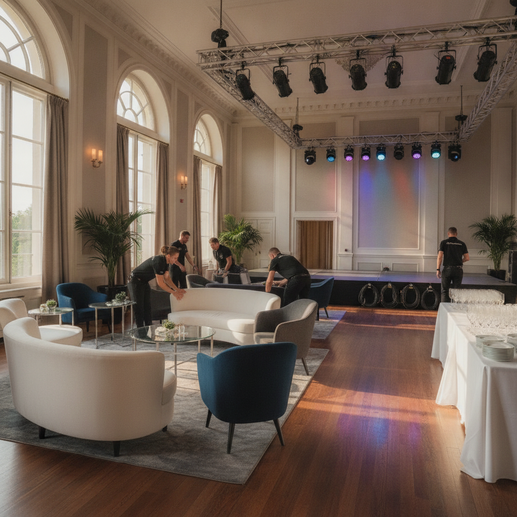 Event staff preparing a Mississauga networking event venue: arranging lounge furniture and testing lighting for smooth guest flow