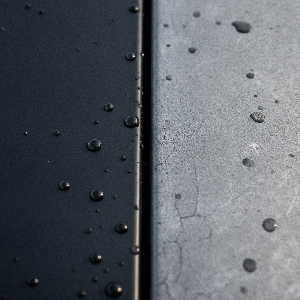 Close-up of exterior plastic restoration showing half restored and half oxidized cowl panel with strong water beading on the restored side