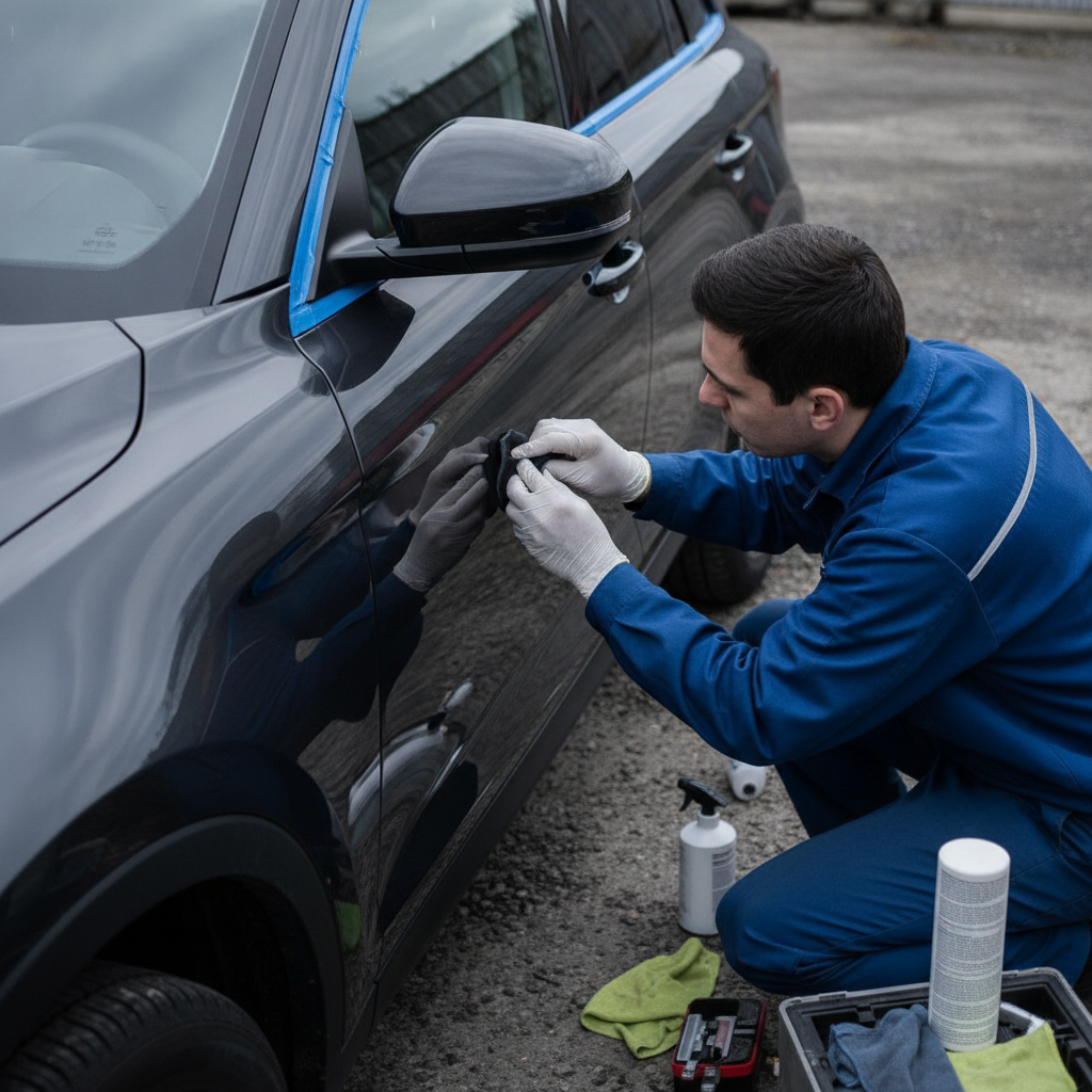 Technician applying a trim coating with a suede applicator to a vehicle’s mirror cap and window surround with paint safely masked for precise application