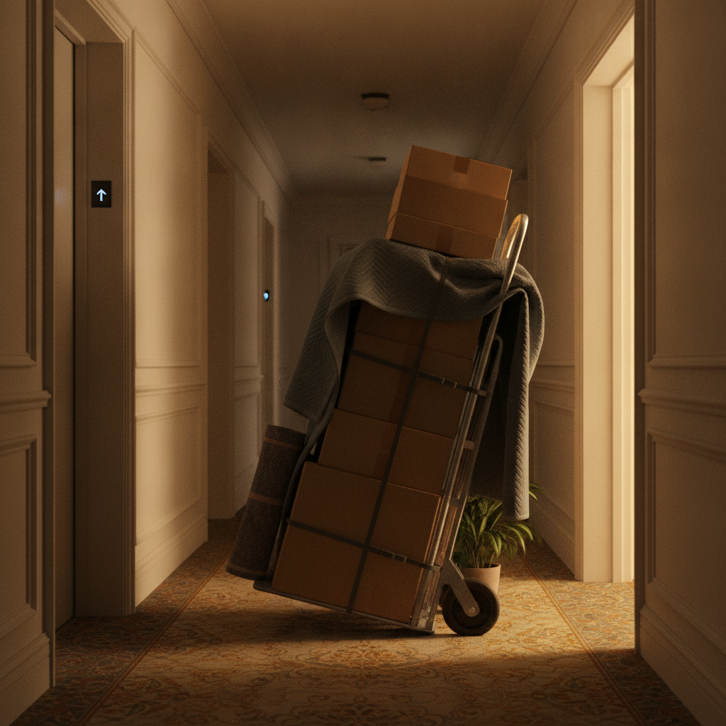 Two-wheel dolly with moving boxes in an apartment hallway, essential gear among the best moving supplies for apartments
