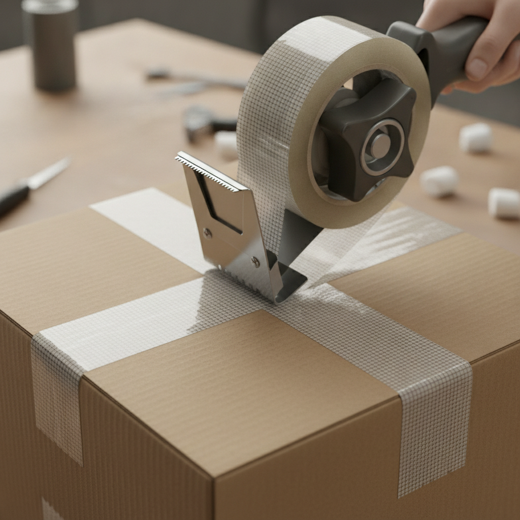 Close-up of packing tape dispenser sealing a moving box, a best moving supply for apartments for secure boxes