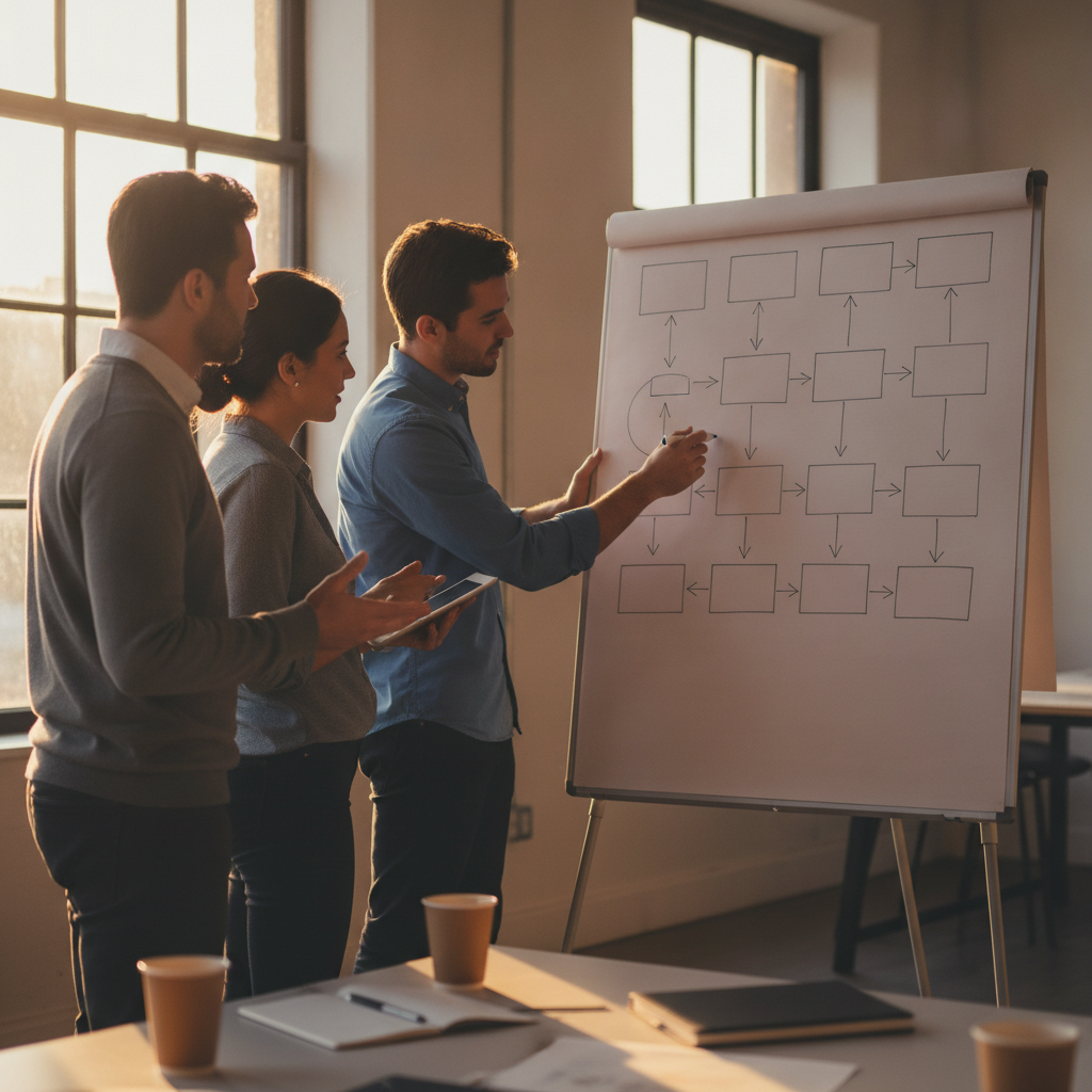 Planning a WordPress SEO topic cluster on a whiteboard; internal linking map for how to increase SEO on WordPress