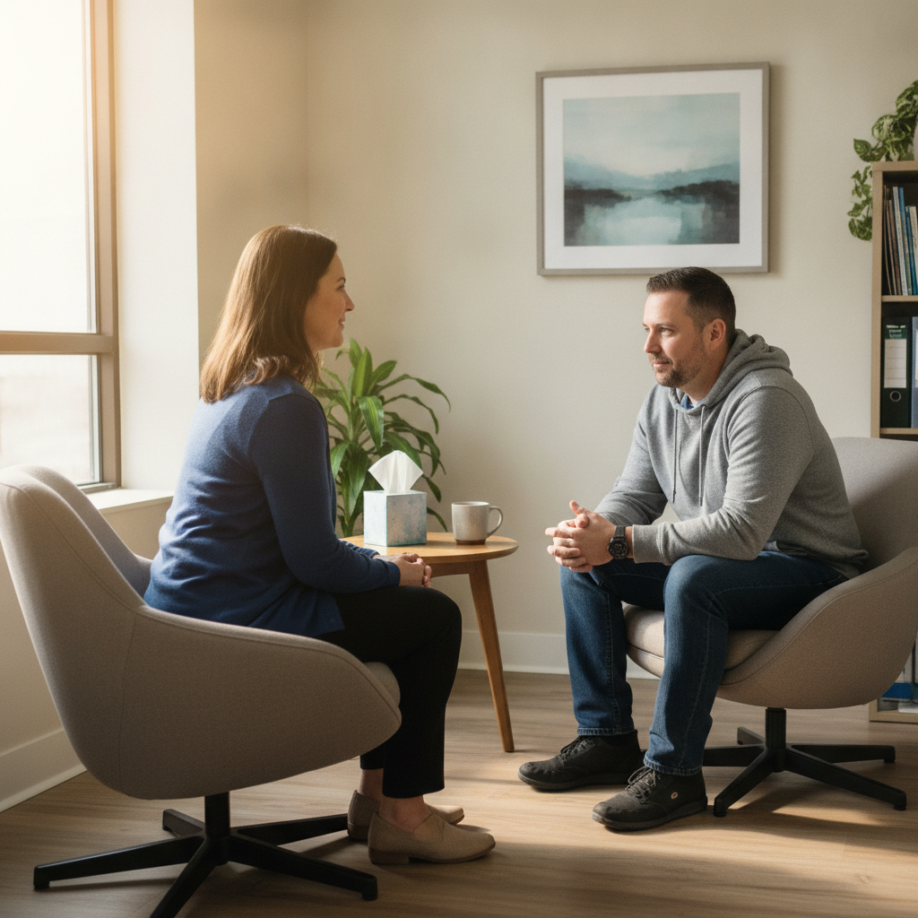 Private counseling session after Sublocade injection at an outpatient addiction clinic in Ontario, supportive and judgment-free
