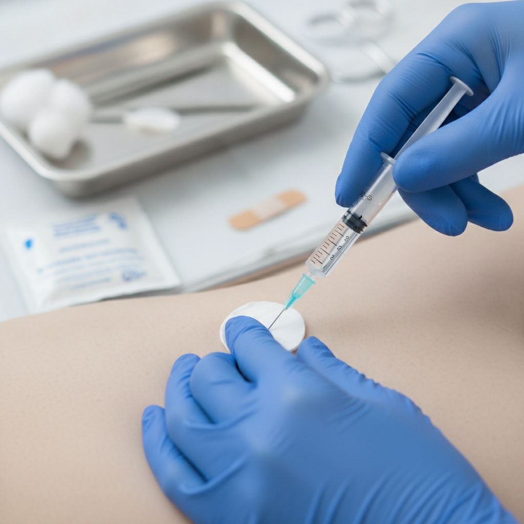 Close-up of a prefilled syringe prepared for a subcutaneous Sublocade injection, illustrating monthly long-acting buprenorphine treatment