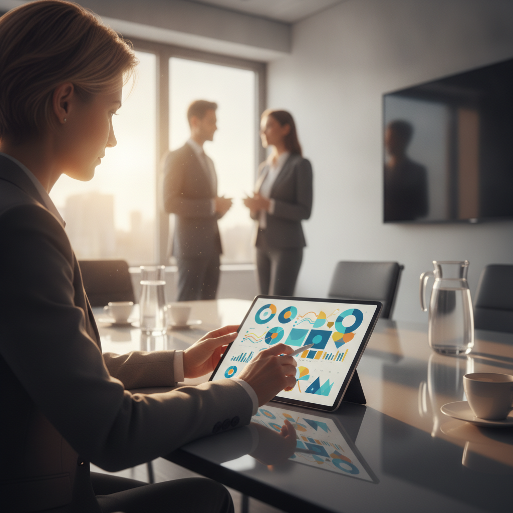 Executive reviewing Power BI-style analytics on a tablet for cloud ERP performance and KPIs