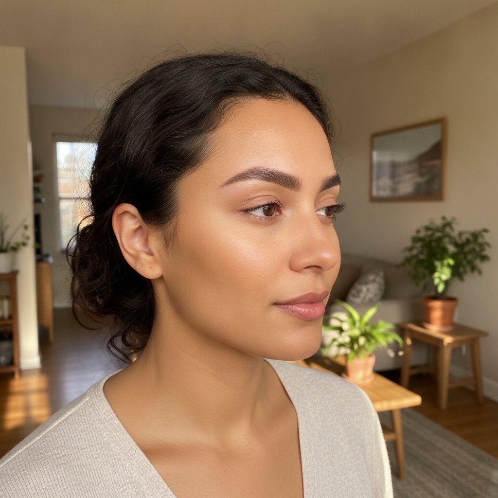 Healed ombre powder brows with soft gradient on a client in natural daylight, showcasing natural-looking brows in Mississauga
