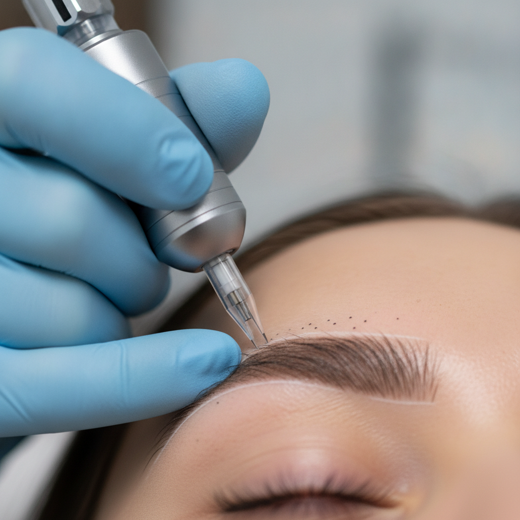 Close-up microshading detail showing pixel technique for ombre powder brows, ideal for natural-looking brows in Mississauga