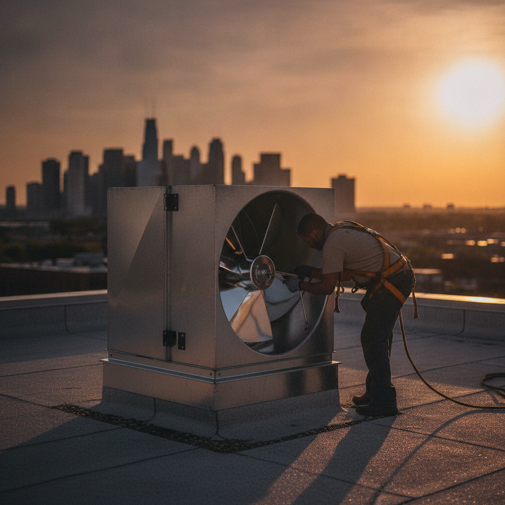 Rooftop exhaust fan maintenance during hood cleaning service, showing hinge kit and clean fan blades at sunset