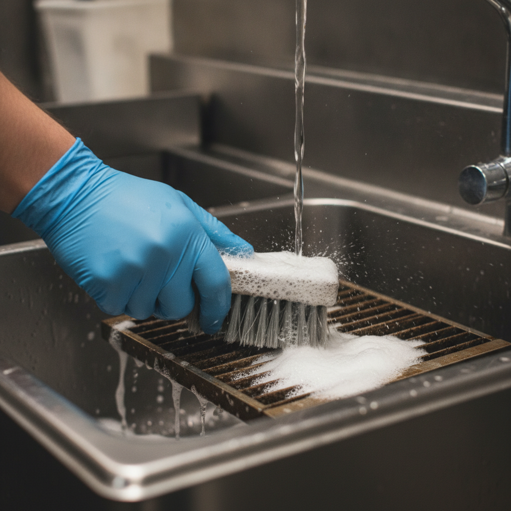 Close-up of baffle filters during hood cleaning services with professional degreasing in a stainless steel sink