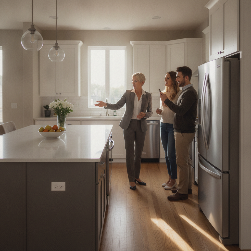 Open house tour in a modern Brampton kitchen led by a REALTOR, illustrating the first step to buying a home in action