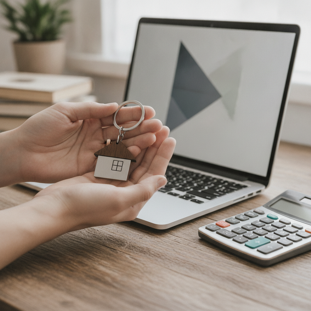 Close-up of hands with a house keychain, budget tools, and laptop for the first step to buying a home
