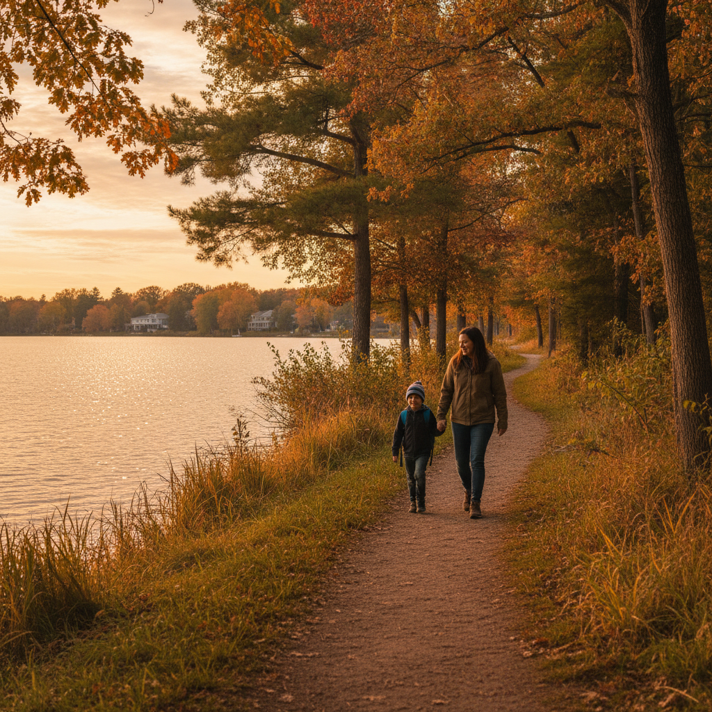 Parent and child walking along a lakeside trail at golden hour in a suburban Ontario park, symbolizing child-centered parenting time