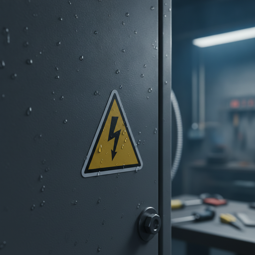 Close-up of durable voltage sign substrate on electrical enclosure, showing lightning hazard icon and weatherproof finish